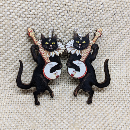 Banjo Cat Earrings Black Cat Laser Cut Wood Single Sided Earrings