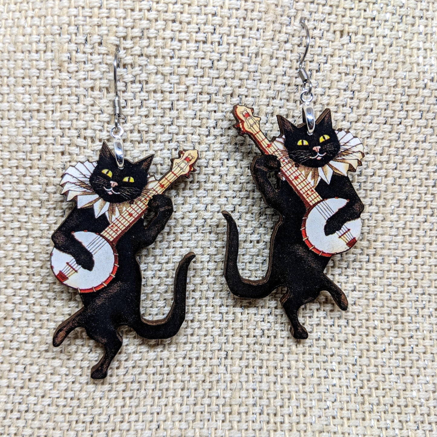 Banjo Cat Earrings Black Cat Laser Cut Wood Single Sided Earrings