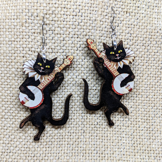 Banjo Cat Earrings Black Cat Laser Cut Wood Single Sided Earrings