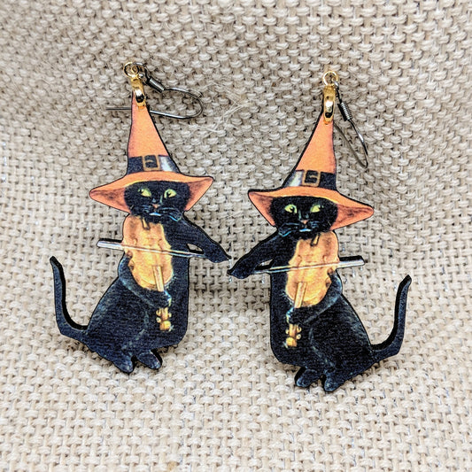 Violin Cat Earrings Black Cat Laser Cut Wood Single Sided Earrings