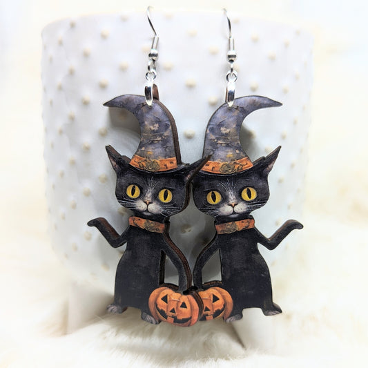 Scaredy Cat Earrings Black Cat Laser Cut Wood Single Sided Earrings