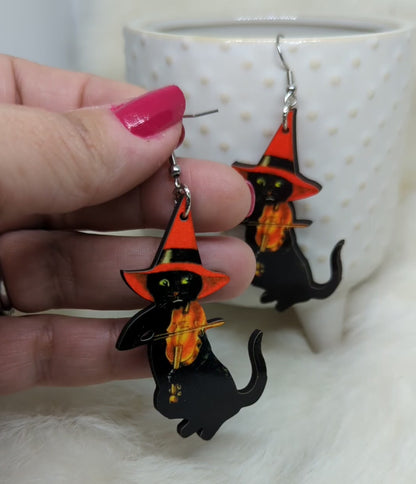 Violin Witch Cat Earrings Double Sided