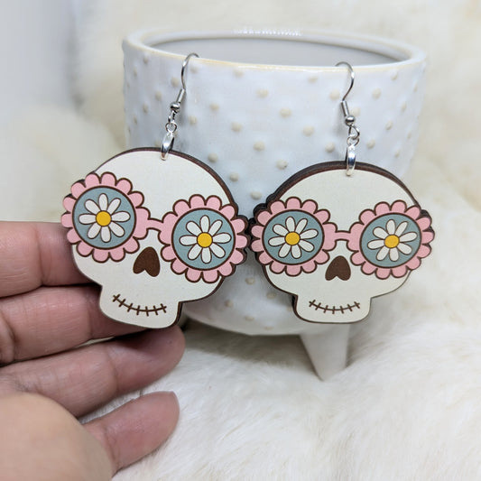 Hippie Skull Earrings Laser Cut Wood Earrings