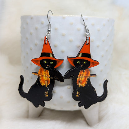 Violin Witch Cat Earrings Double Sided