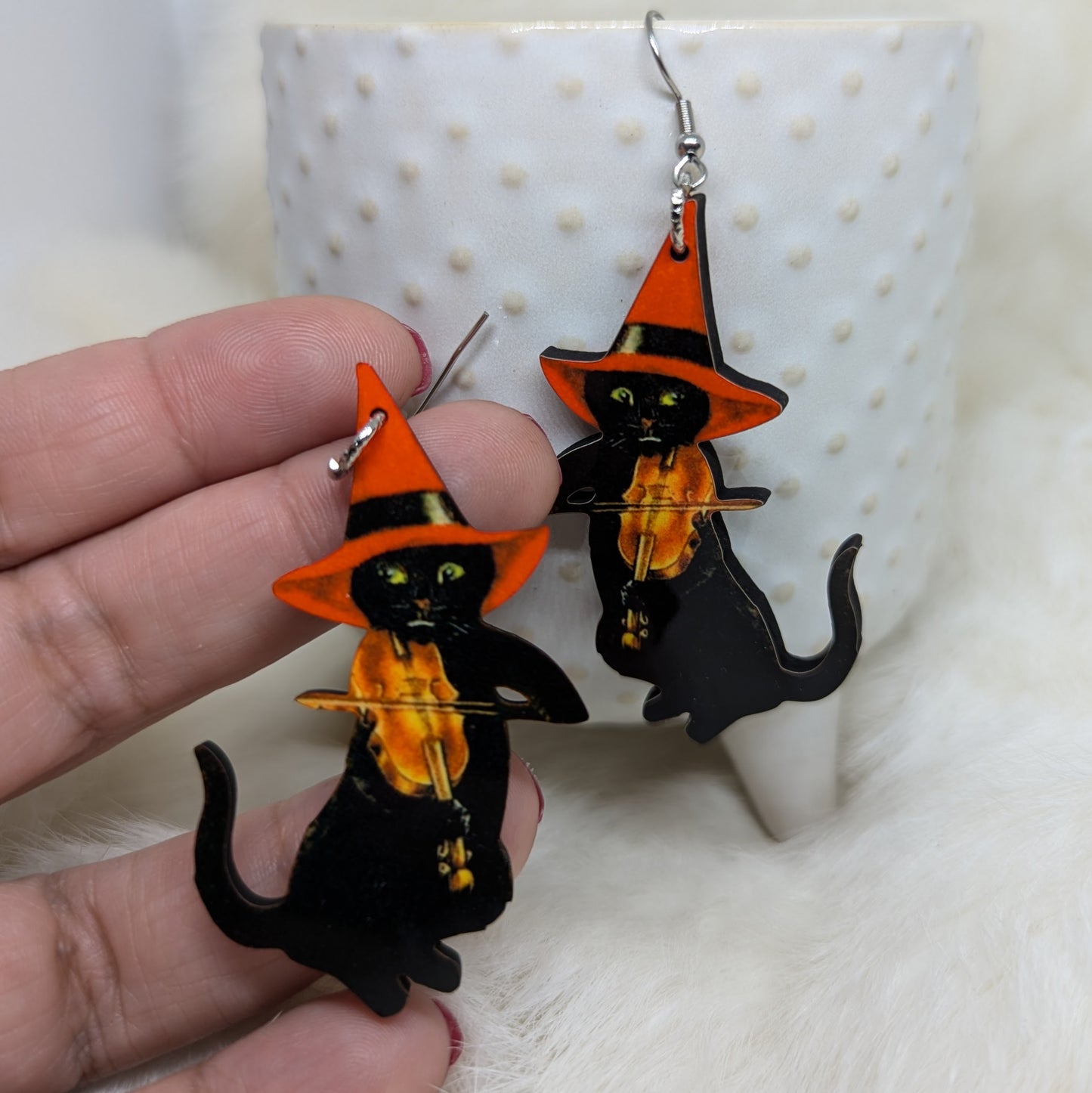 Violin Witch Cat Earrings Double Sided